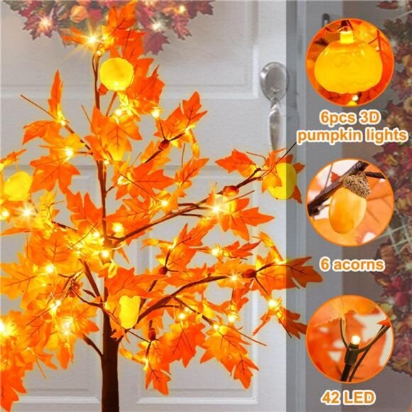 4 Ft Lighted Prelit Maple Tree Thanksgiving Decor 42 Warm White LEDs - Picture 3 of 7